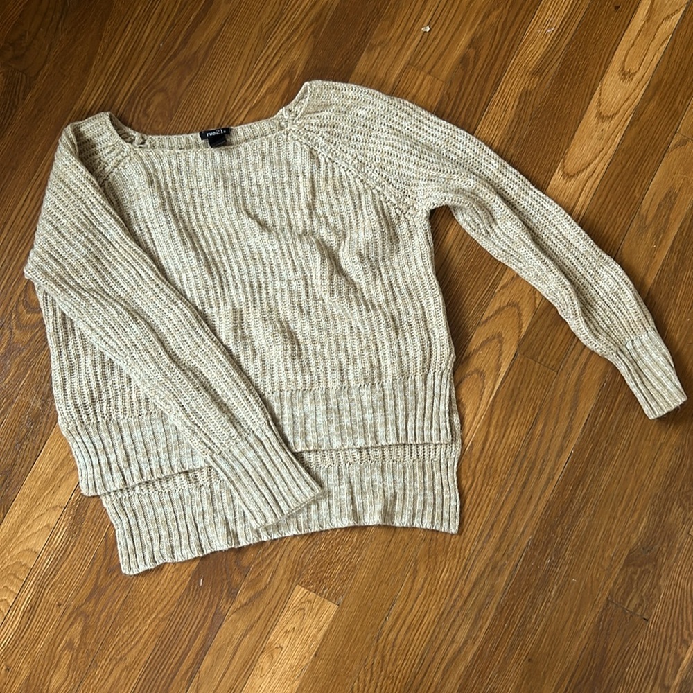 Beige or Cream cropped Ribbed Knot Sweater